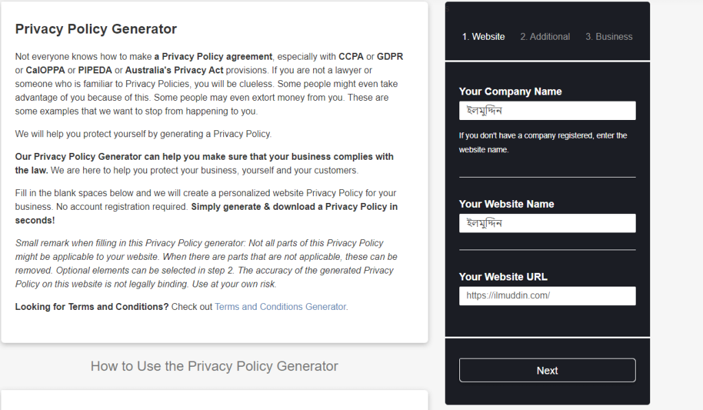 privacy policy page create step - 1